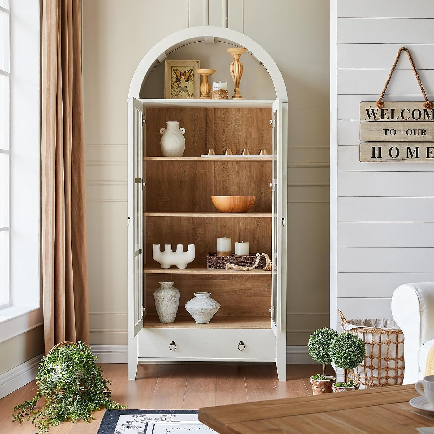 71" Arched Glass Door Cabinet Antique White