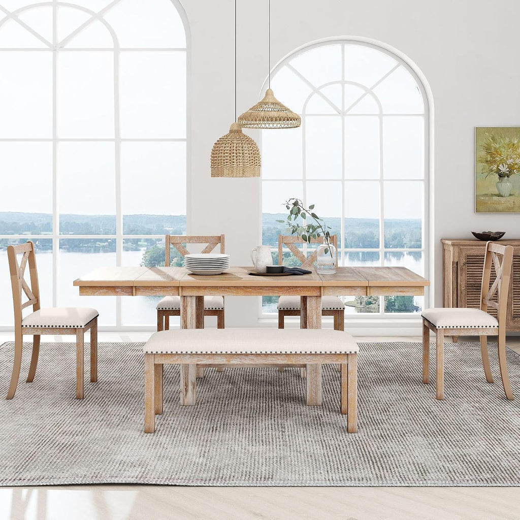 82" Natural Acacia Wood Dining Table Set Of 6