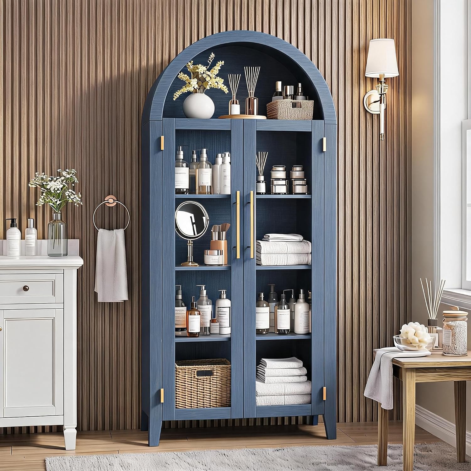 Arched Glass Door Pantry Cabinet Blue