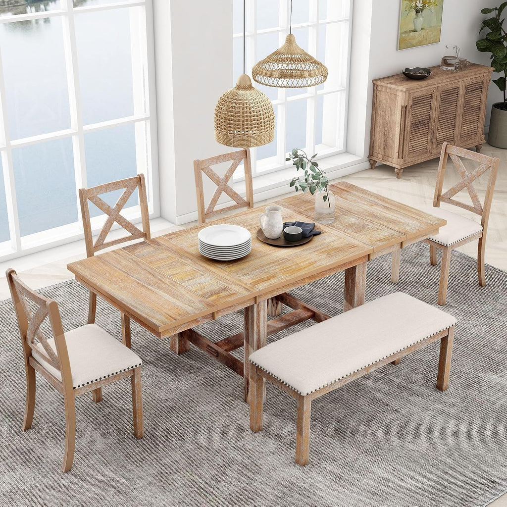 82" Natural Acacia Wood Dining Table Set Of 6