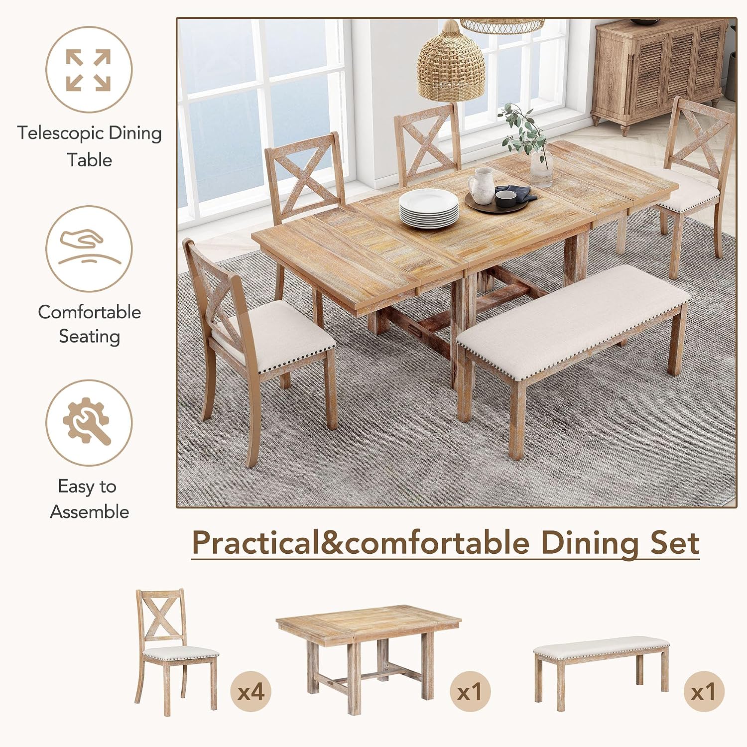 82" Natural Acacia Wood Dining Table Set Of 6