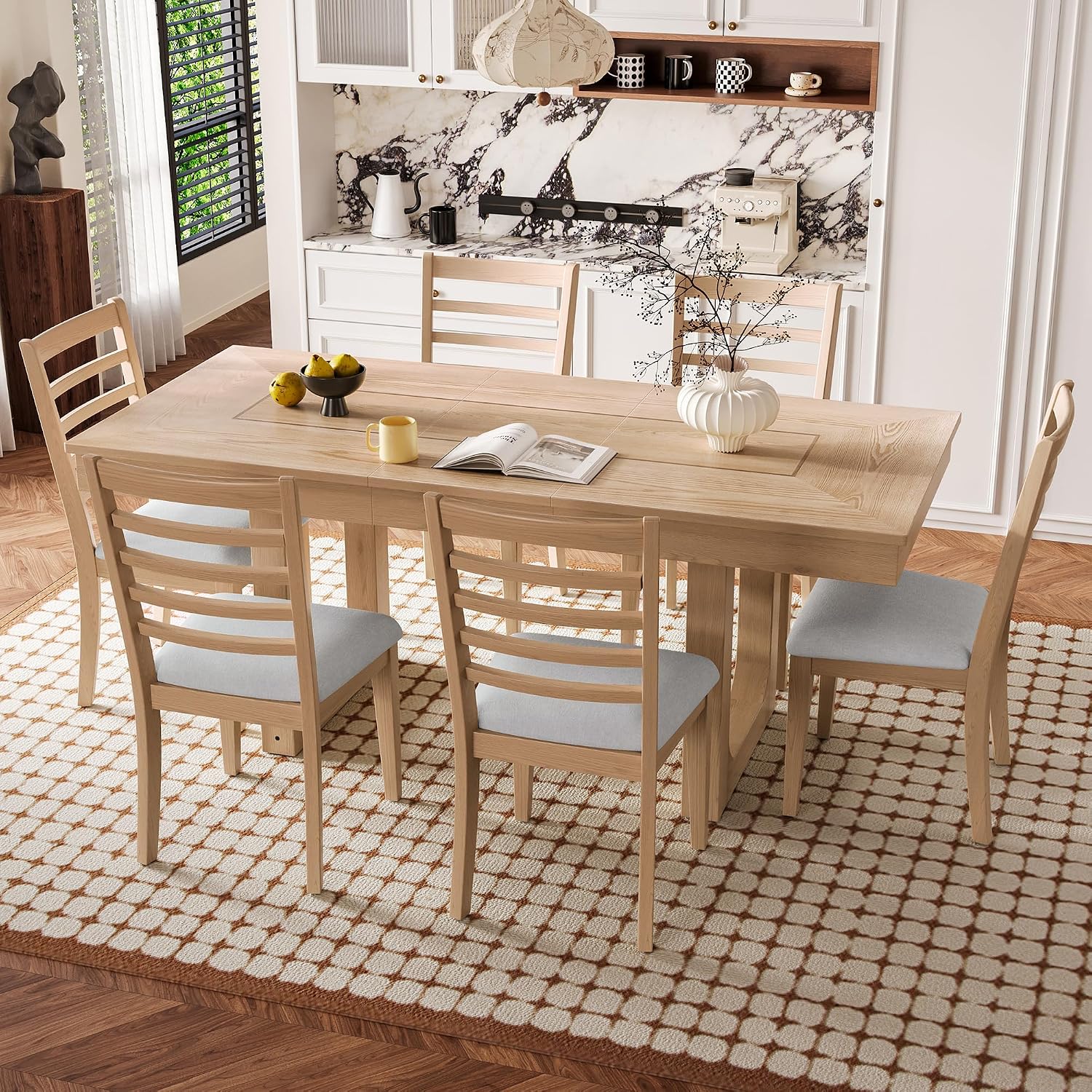 Natural Beige Wood Dining Table Set Of 7