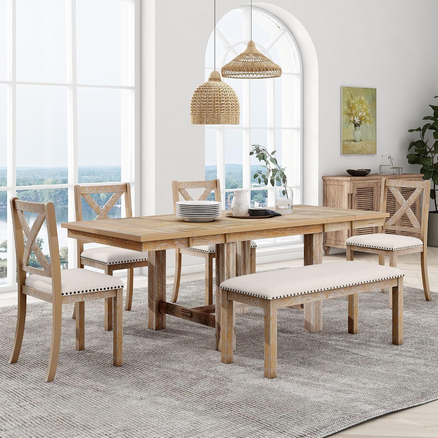82" Natural Acacia Wood Dining Table Set Of 6