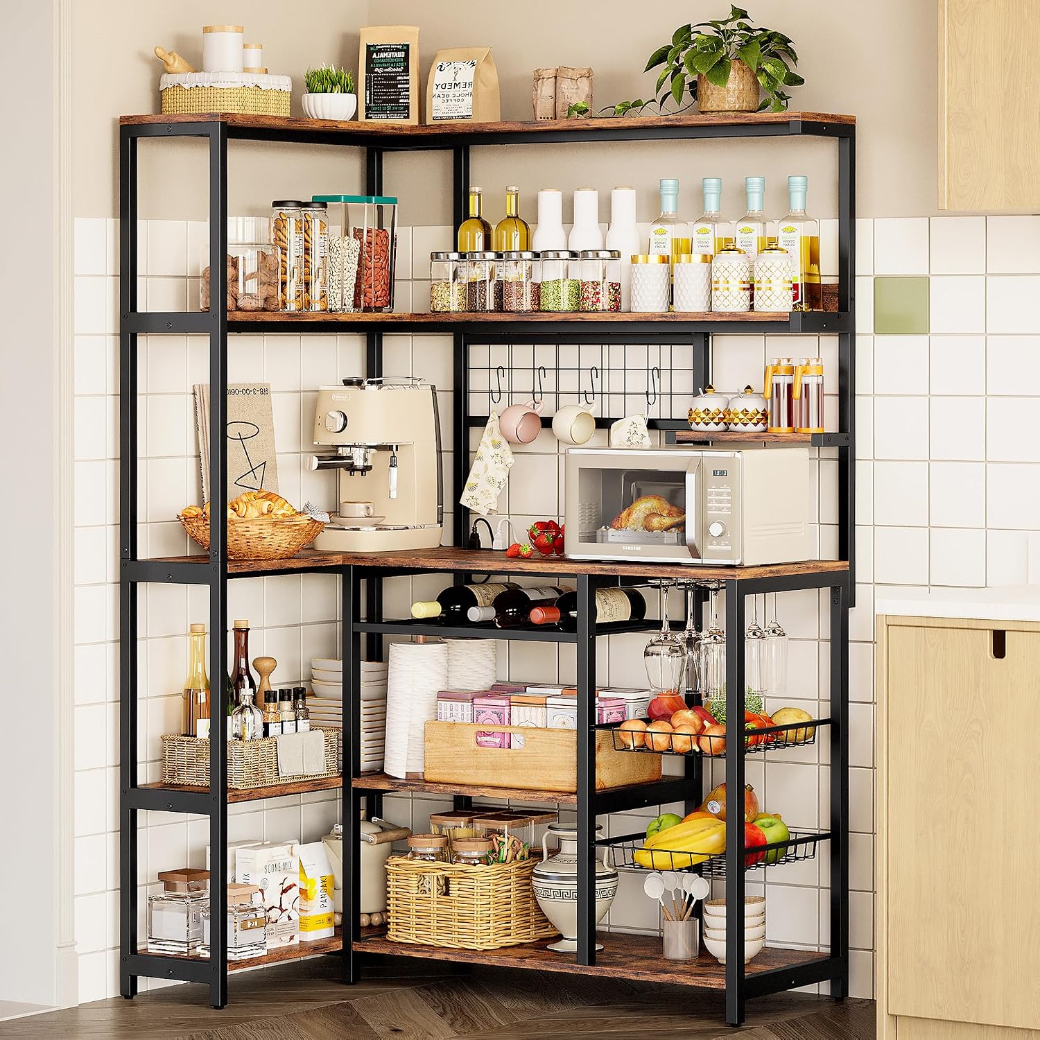 Rustic Brown Corner Bakers Rack